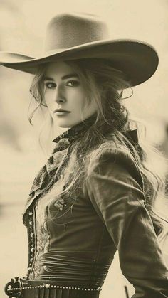 Woman in a cowboy hat and western attire with long flowing hair