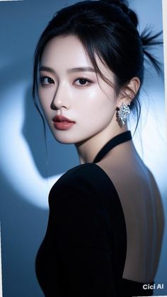 Woman in a black backless dress with diamond earrings looking over her shoulder