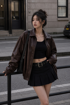 Woman in a brown jacket and black pleated skirt on a street