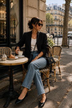 Woman in a black blazer and jeans sitting at an outdoor cafe table