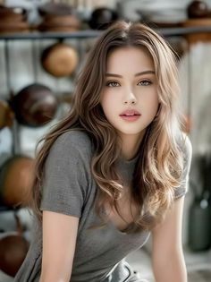 Woman with long wavy hair wearing a gray t-shirt indoors