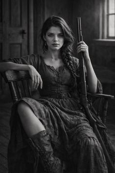 Woman with a rifle sitting in a chair, in a monochrome indoor setting