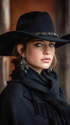 Woman in a black cowboy hat and scarf with long earrings