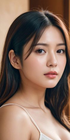 Woman with long brown hair and natural makeup in a white top