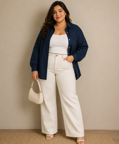 Woman in a navy blue shirt and white wide-leg pants holding a shoulder bag