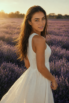 Woman in a white dress in a lavender field at golden hour