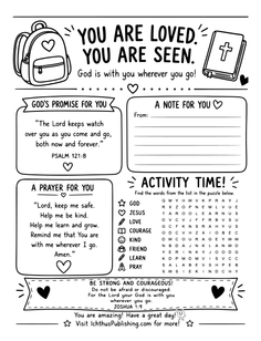 A black and white activity page with religious themes and a word search puzzle