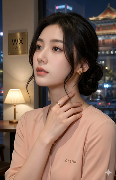 Woman with an updo and gold jewelry in an indoor setting at night