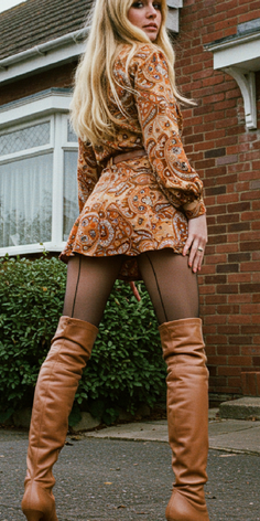 Woman in a paisley dress, black tights, and thigh-high boots outdoors