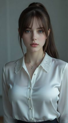 Woman with a ponytail and bangs wearing a white shirt with a lace collar