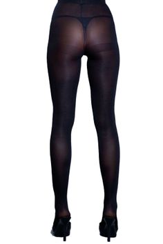 Person wearing black pantyhose and a thong, seen from the rear