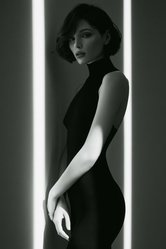Woman with short hair in a black dress with dramatic lighting
