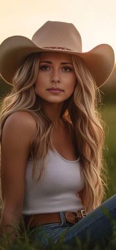 Woman in a cowboy hat and white tank top sitting in grass at golden hour