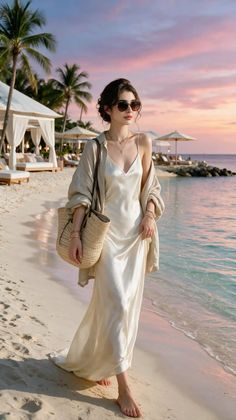 Woman in a slip dress and straw bag walking barefoot on a beach at sunset