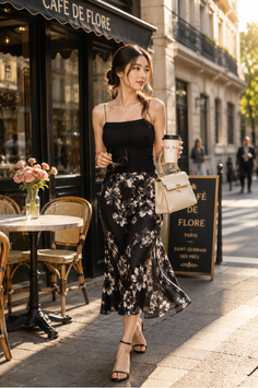 Woman in a black floral skirt and top walking past a cafe in golden hour