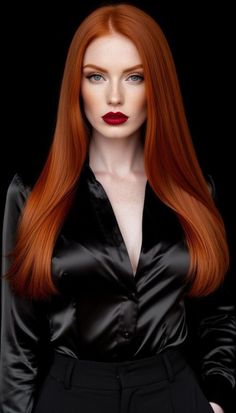Woman with long red hair and red lipstick wearing a black satin shirt
