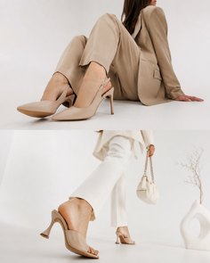 Two women showcasing different high heels and outfits in a studio setting