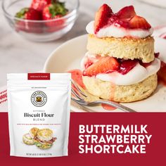 Strawberry shortcake with whipped cream and a bag of biscuit flour