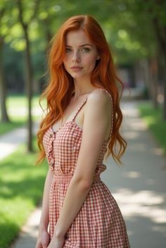 Woman with long red hair in a gingham dress outdoors