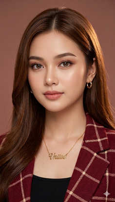 Woman with long brown hair wearing a plaid jacket and gold jewelry