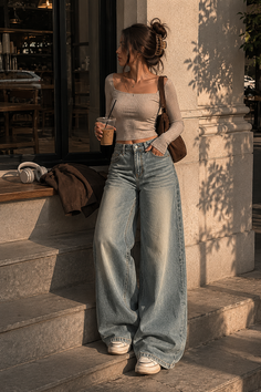 Woman in a crop top and loose jeans holding a drink outdoors at golden hour