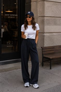 Woman in a white t-shirt and wide leg pants holding a coffee cup on a street