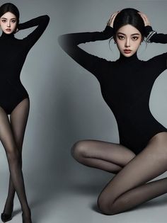 Woman in a black bodysuit and pantyhose posing in a studio