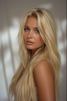 Woman with long blonde hair and blue eyes in a soft-lit portrait