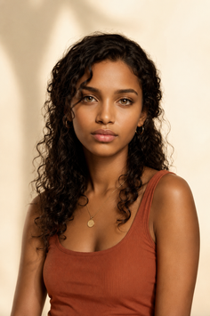 Woman with curly hair and a tank top in soft lighting