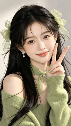 Woman with long dark hair and a green sweater making a peace sign