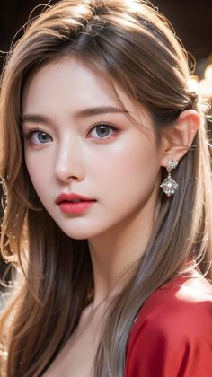 Woman with long brown hair and red dress wearing earrings
