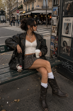 Woman in a leather jacket and plaid skirt sitting on a bench on a city street