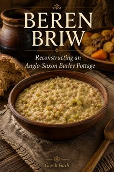 Barley pottage in a wooden bowl on a rustic table with bread and other dishes