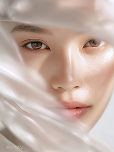 Close up of a person's face partially covered by white fabric with soft lighting