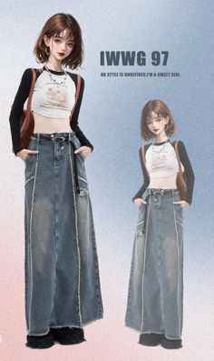 Two anime-style girls in crop tops and long denim skirts with backpacks
