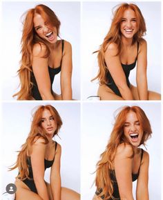 Woman with long red hair in a black swimsuit posing in a studio