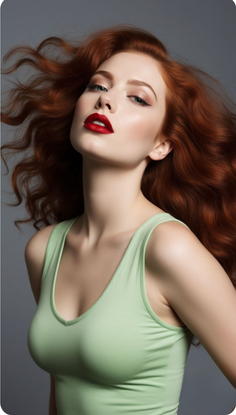 Woman with long red hair and red lipstick wearing a green top in a studio