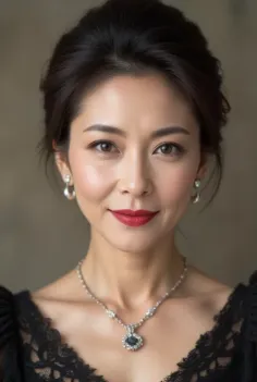 Woman with an updo, red lipstick, and jewelry looking at the camera