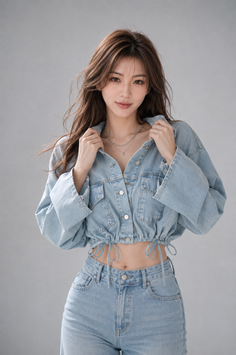 Woman in a denim jacket and jeans with exposed midriff in a studio
