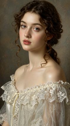 Woman with curly hair wearing an off-shoulder lace dress