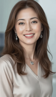 Smiling woman with long brown hair wearing a light-colored top and jewelry