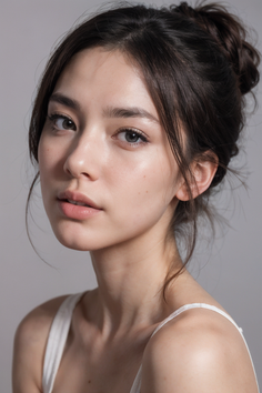 Woman with dark hair in a messy bun wearing a white tank top