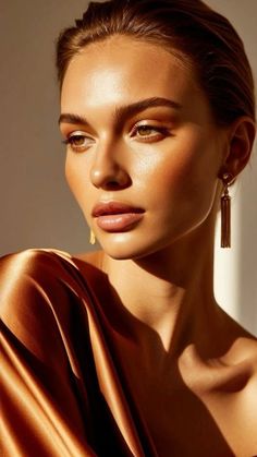 Woman with glowing skin and golden earrings in soft, warm lighting