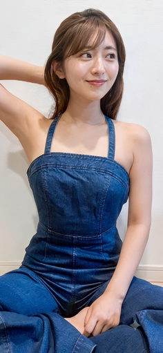 Woman in a denim jumpsuit with long brown hair, smiling indoors