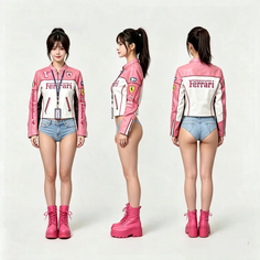 Woman in a pink jacket, denim shorts, and pink boots shown from multiple angles