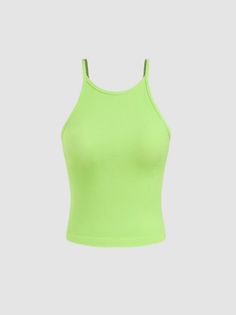Lime green ribbed halter neck crop top on a plain background