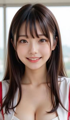 Smiling woman with long brown hair and bangs, showing cleavage