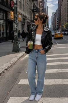 Woman in a black leather jacket and baggy jeans holding a green drink on a city street