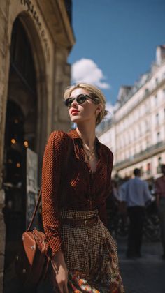 Woman in sunglasses and a patterned shirt on a city street