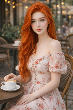 Woman with long red hair in a floral dress at an outdoor cafe